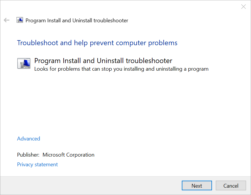 使用“Microsoft Program Install and Uninstall Troubleshooter”程序